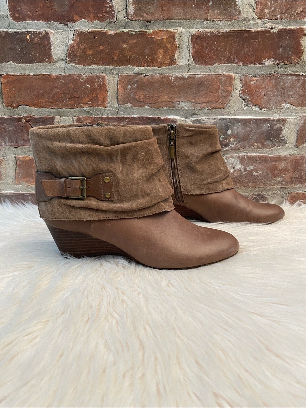 Clarks Artisan Leather and Suede Slouchy Buckle Wedge Booties, Size 7M